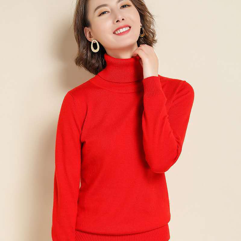 Wool Pure Cashmere Sweater Women's Knitted Turtleneck Cashmere Pullover Elasticity Pull High Neck Knitting Sweaters XXL red