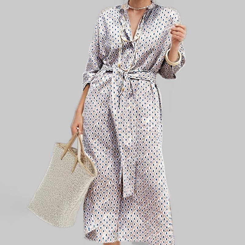 Spring Women's Fashion New Striped Cardigan Cropped Sleeve Shirt Collar Dress 3XL