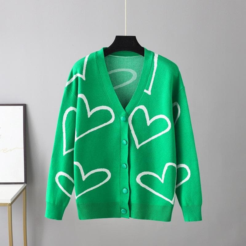 Autumn and Winter Women's Knitted Cardigan Sweater Love Short Cardigan Jacket One Size green
