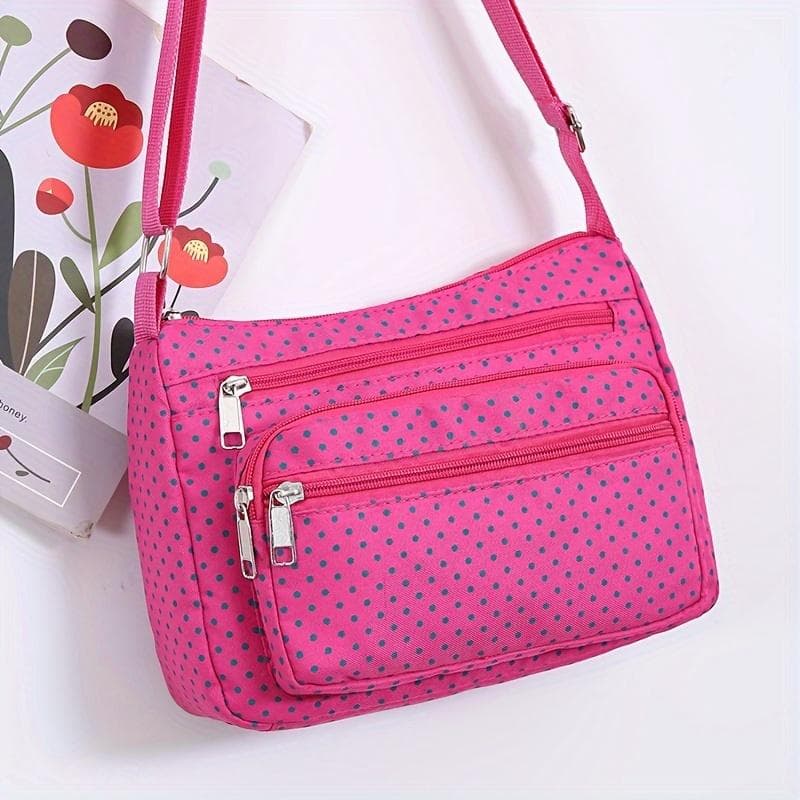 Elegant Polka Dot Nylon Crossbody Bag - Lightweight Messenger Bag with Adjustable Strap, Zipper Closure, and Nylon Lining rose red