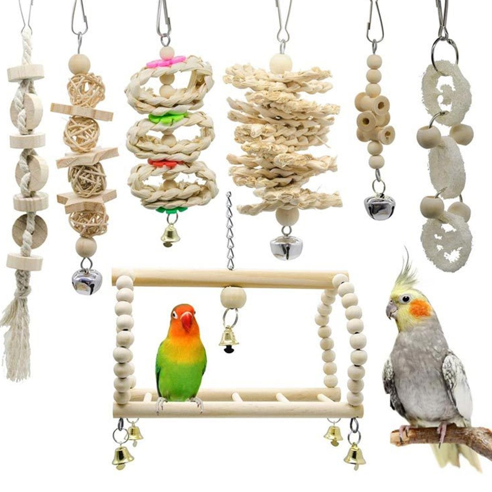 Parrot Bird Toy Set Swing Cage Accessories Wooden Color 7-Piece Set Bird Toys Interactive beige