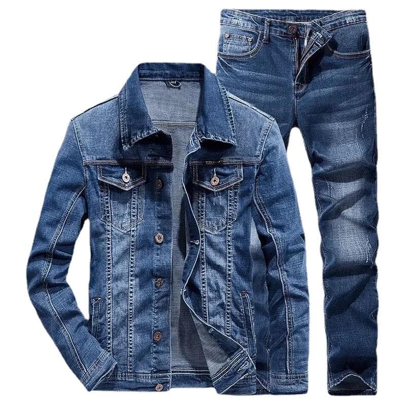 Men's Spring and Fall Denim Suit Wear-resistant Breathable Suit Denim Jacket + Jeans 2-piece Set L navy blue