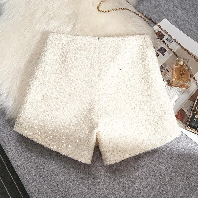 Small Fragrance Style White Sequin Design Shorts for Women's New Winter Sweet and Spicy Trendy High-waisted Casual Boot Pants XL white