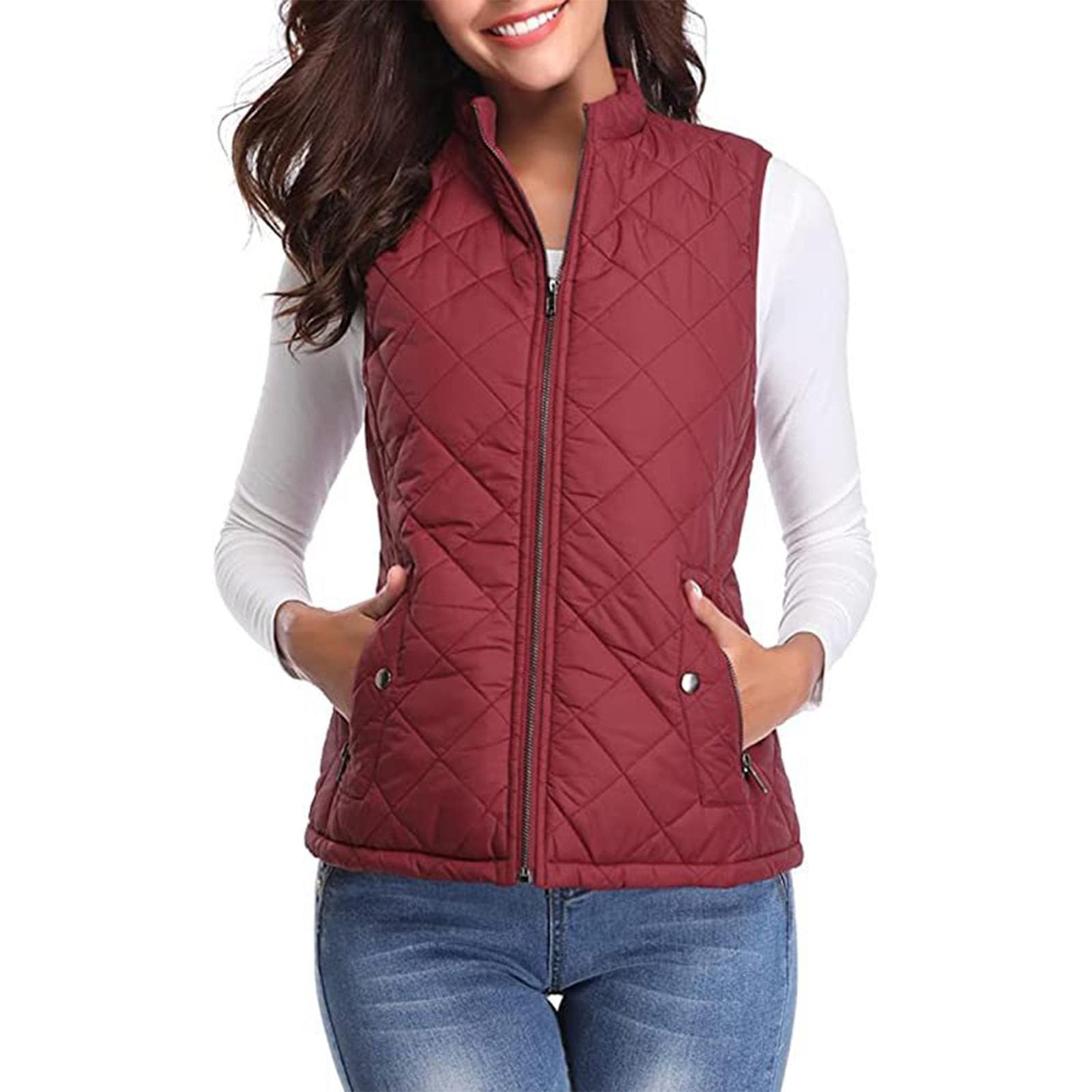 Women's Fashion Casual Solid Color Stand Collar Zipper Pocket Warm Cotton Vest Coat XXL wine