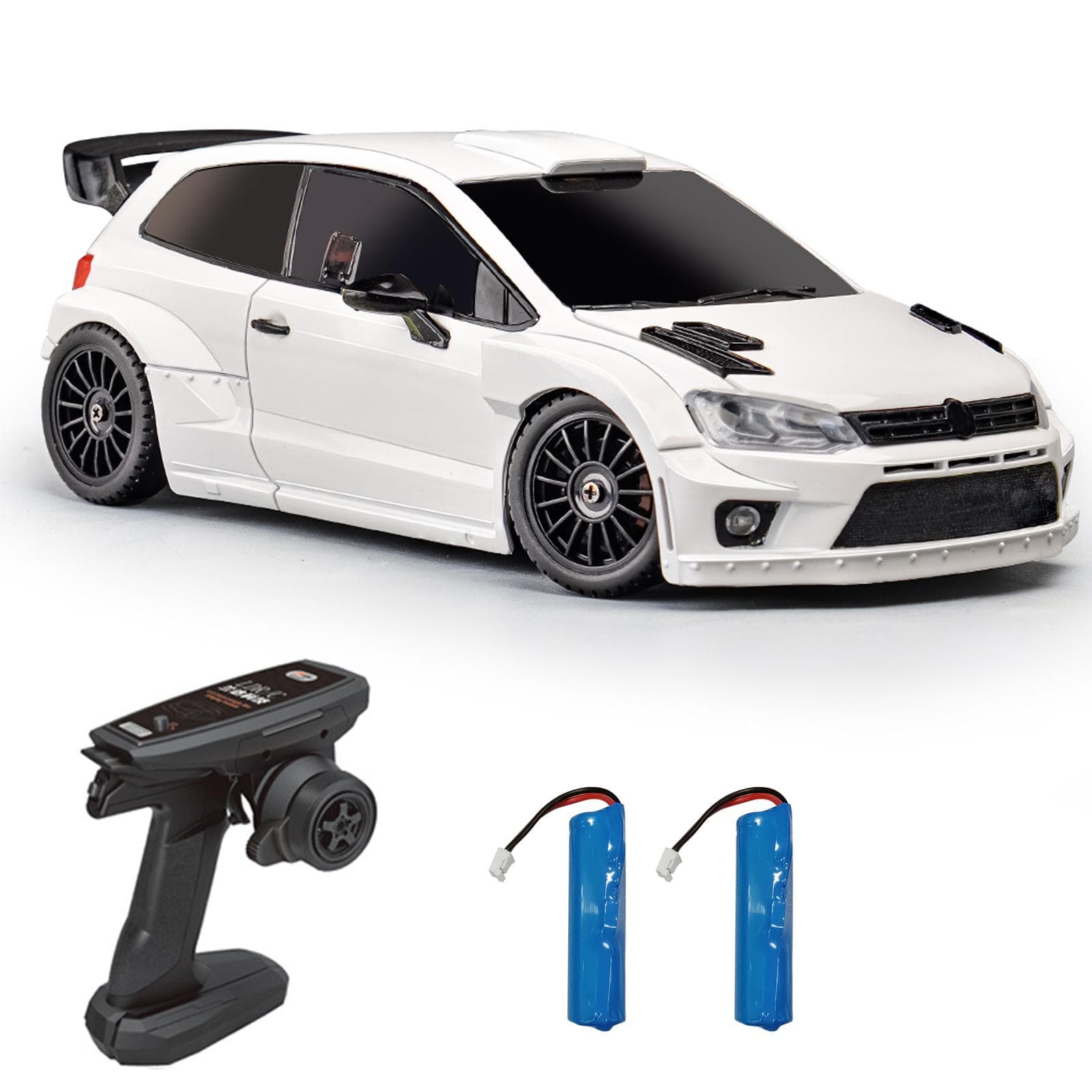 Remote Control Car, 1/28 2.4GHz 4WD Toy Car with LED Lights, 3 Batteries, Drift Tires, Electric 2 battery white