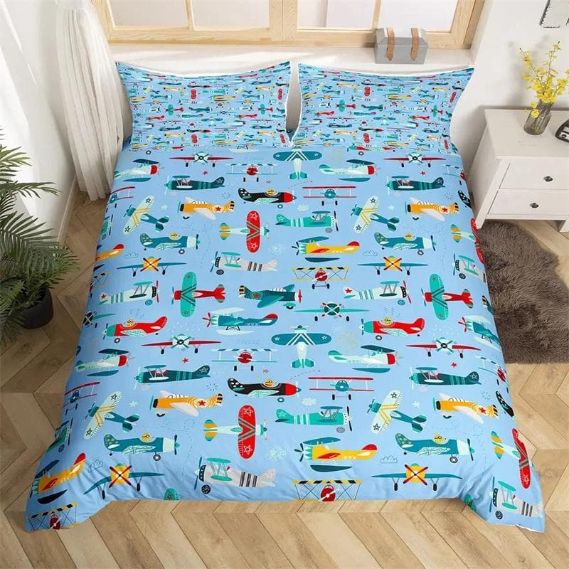 Airplane Duvet Cover Planes Fying In Air Aviation Airport Helicopters and Jets Cartoon Style Room Decorative for Boys Girls Gift 135x200cm 2pcs