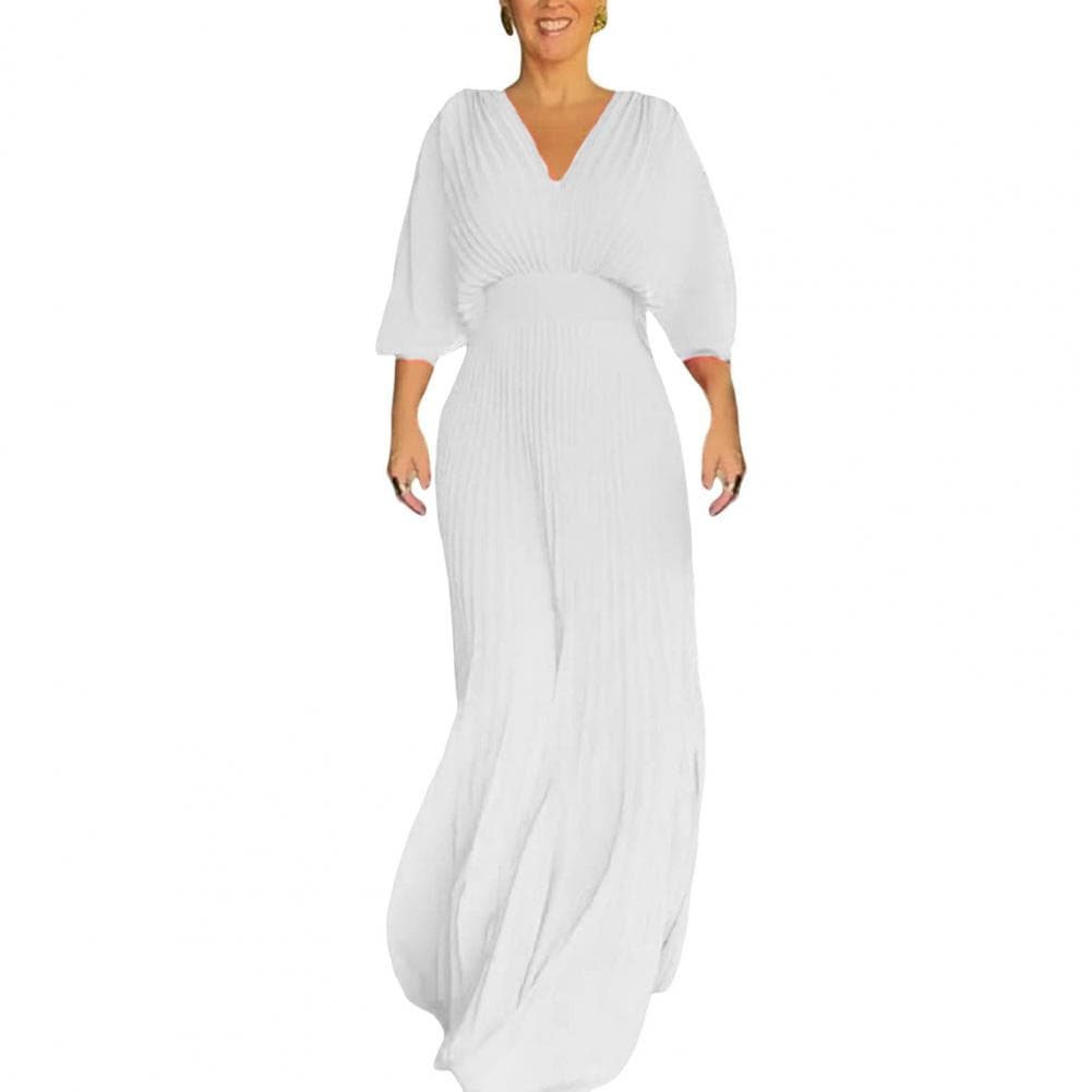 Women Dress Elegant Pleated V Neck Maxi Dress for Women Dolman Sleeves Evening Gown with Slim Waist Full Length Skirt for Party XL white