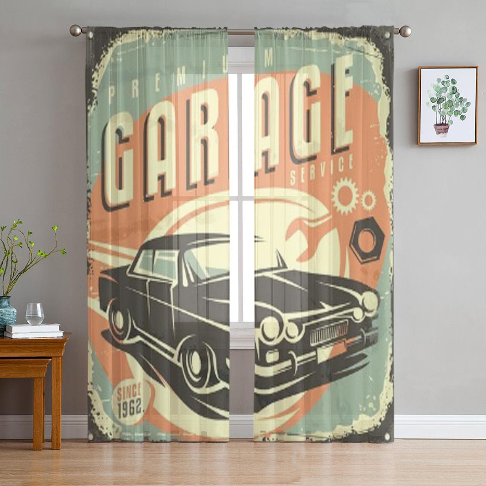 Car Service Promotional Retro Design Concept Tulle Sheer Curtains for Living Room Kitchen Decoration Voile Organza Curtains 135W x 114H(cm)