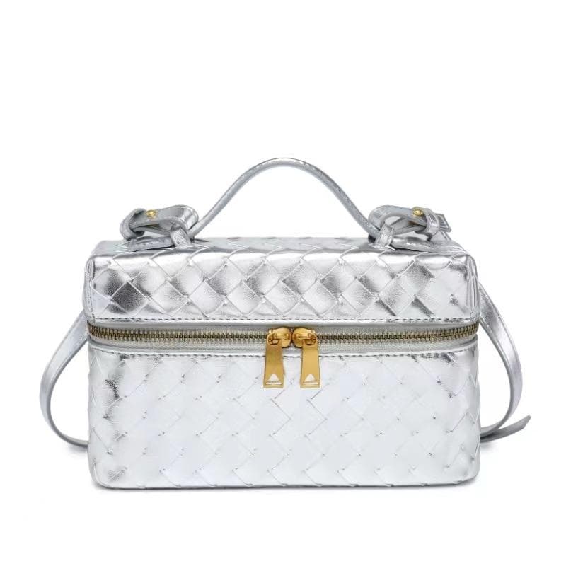 Leather Woven Bag, Women's Cosmetic Bag, Hand-held, Crossbody, Large-capacity Box Bag silver