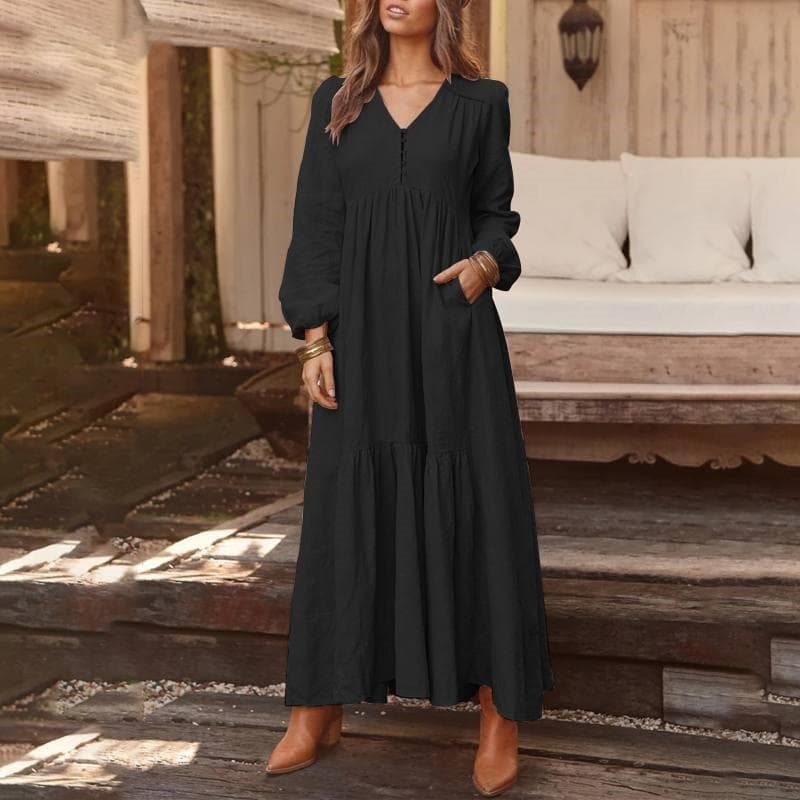 Women's Cotton and Linen Retro Casual Long Sleeved Dress M black