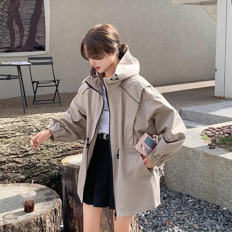 Workwear Hooded Windbreaker Jacket for Small Women Autumn New Loose Waist Design College Style Jacket XL