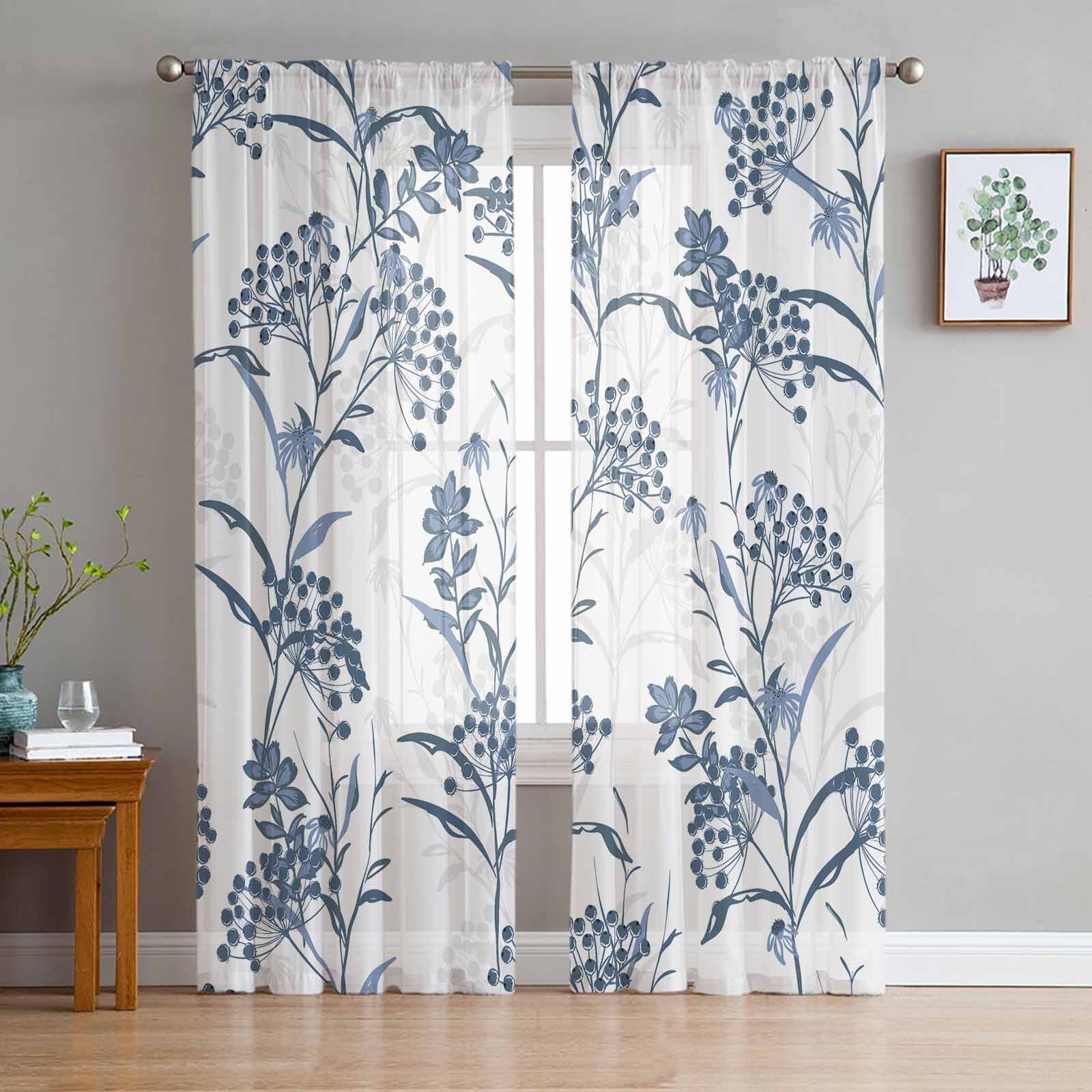 Plant Texture Fruit Blue Window Tulle Curtains for Living Room Bedroom Hotel Luxury Decoration Sheer Curtains 135W x 114H(cm)