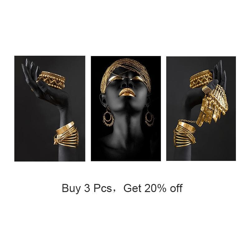 African Woman Canvas Wall Art Painting Posters And Prints Black Woman Holding Gold Jewelry Picture for Living Room Home Decor 60X90cm No Frame