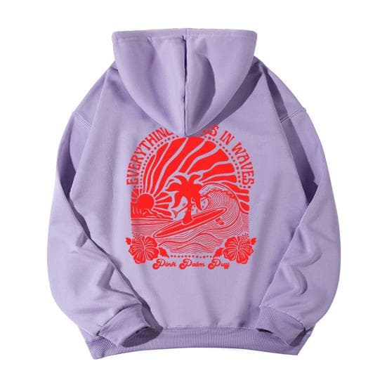 Teenager Hoodie Preppy Style Floral Printing Solid Color Hooded Top with Big S light purple