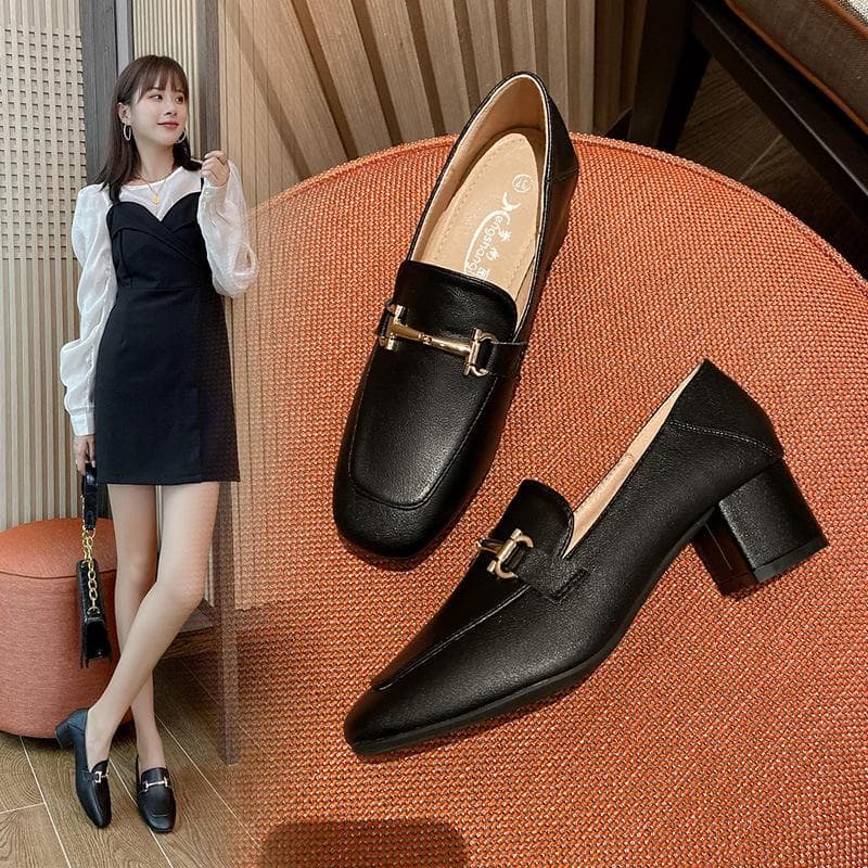 Shoes Women's Trendy Shoes All-match Small Leather Shoes Women's British Style Thick Heel Medium Heel Women's Two-wear Shoes 41 black
