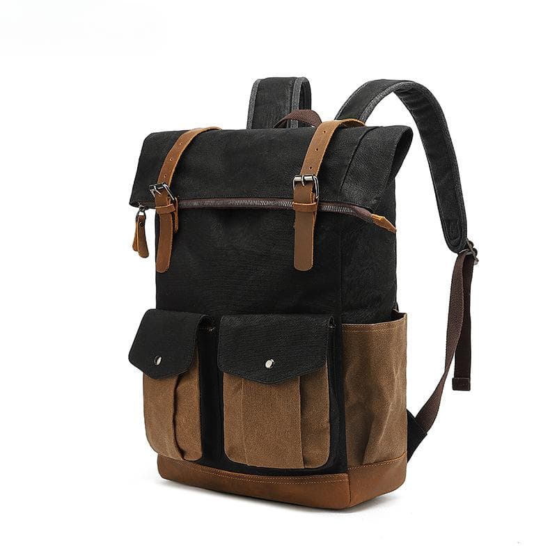 Canvas Backpack for Men College Backpack for Outdoor Travel Electric Head Waxed Canvas black