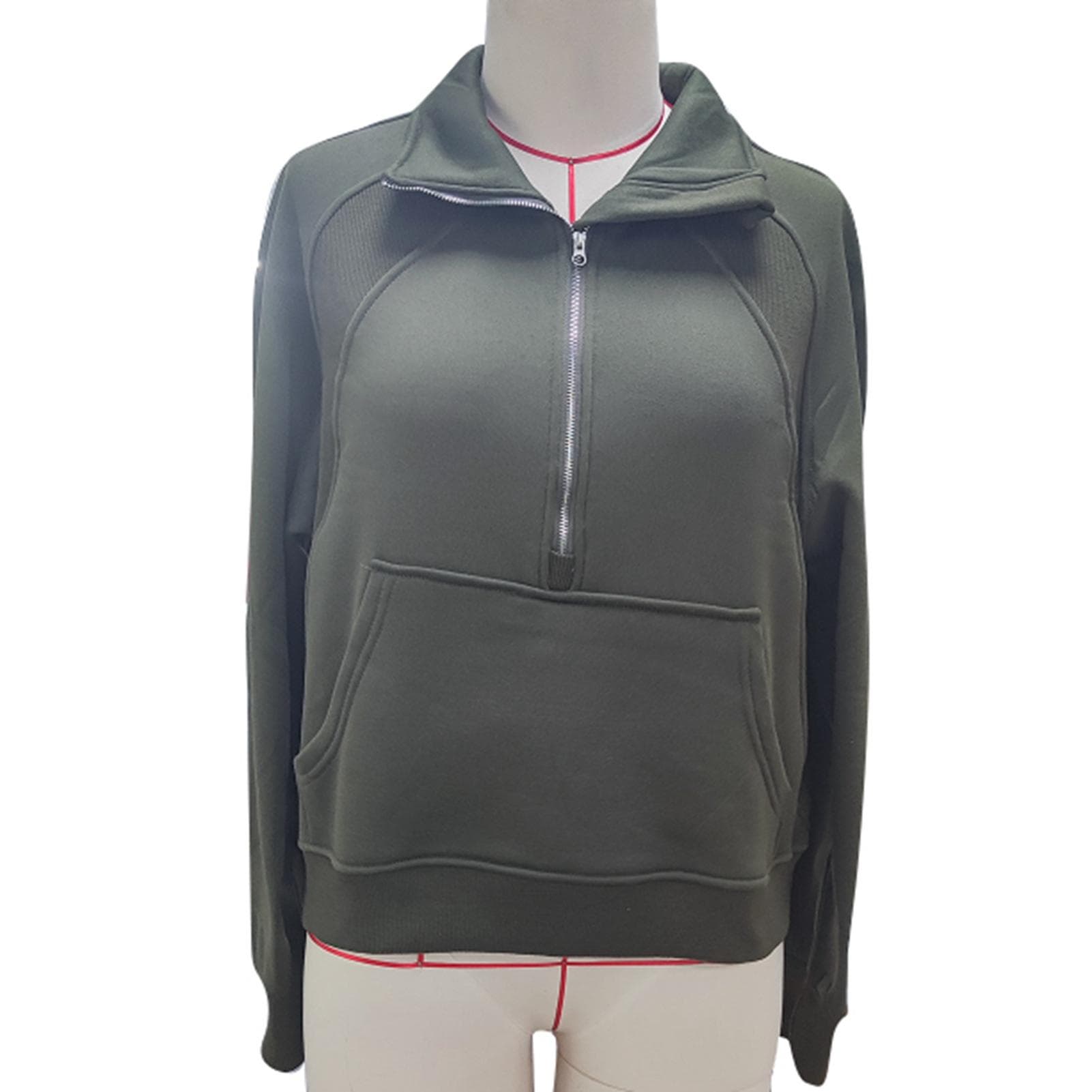 Women Long Sleeves Pullover Turn Down Collar Half Zip Up Large Front Pocket Casual Loose Blouses S(for 2-4kg) green