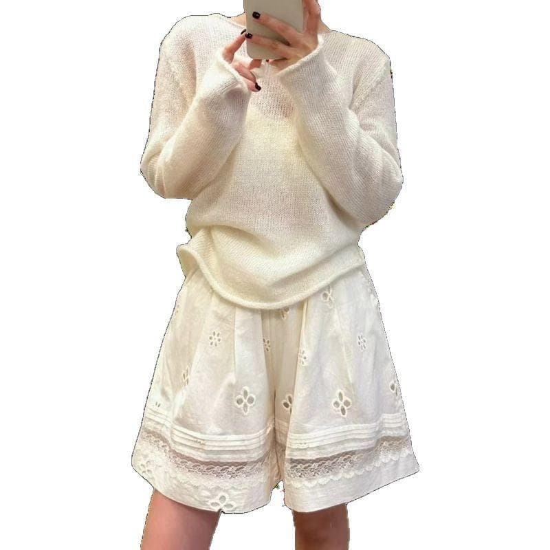 Hollow Lace Wide-leg Shorts for Women's Summer New Style Gentle and Age-reducing High Waist Slimming Versatile Casual Pants XL