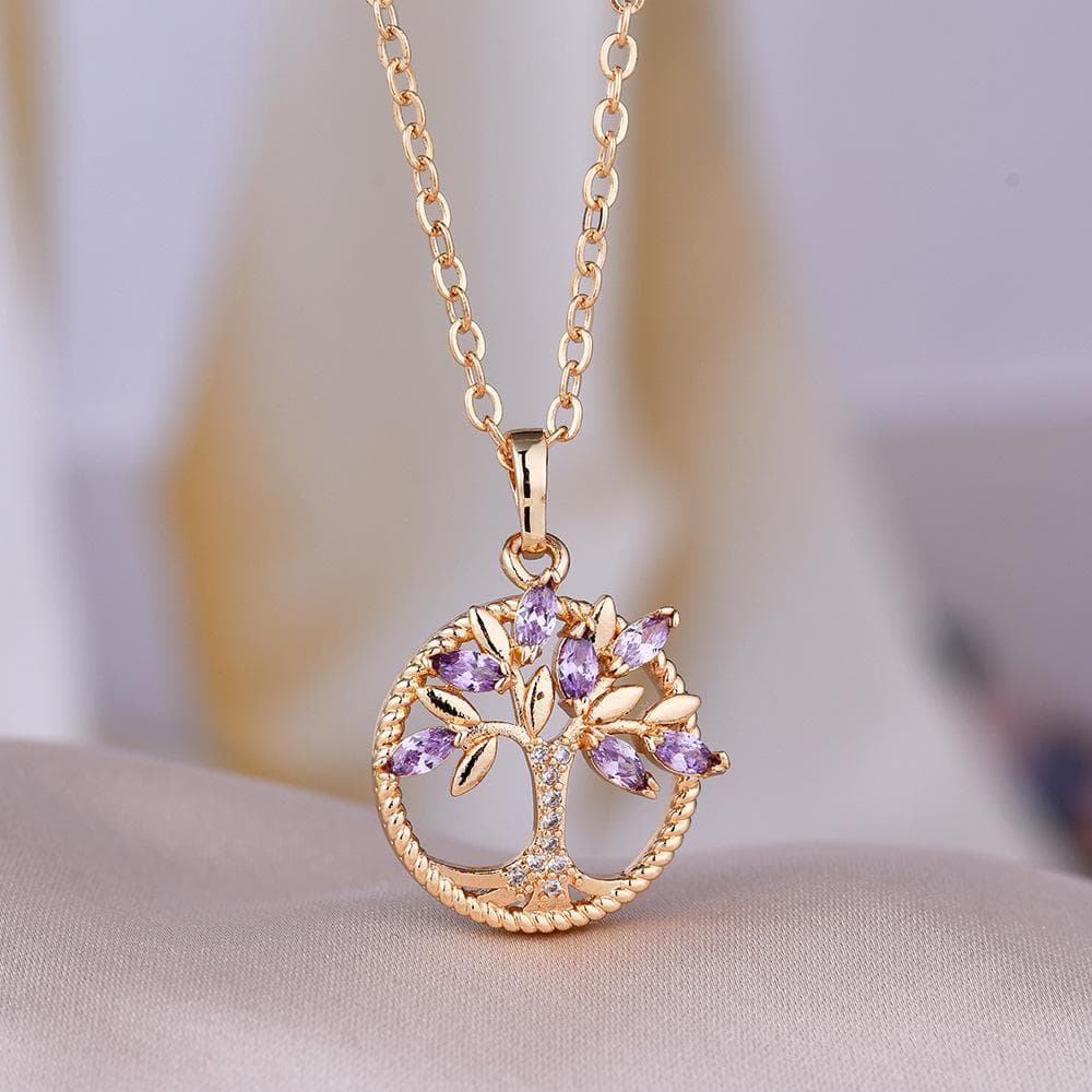 Purple Tree of Life Necklace Female Hollow Water Diamond Zircon Pendant Christmas Necklace purple