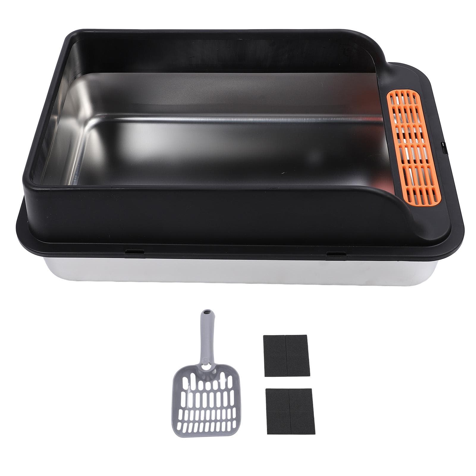 Large Metal Litter Box Stainless Steel Anti Splashing High Sided Kitty Litter Tray with Pedal L black