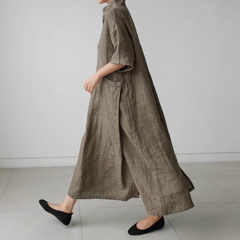 Johnature Women Cotton Linen V-Neck Solid Color Robes Dress Summer Simple Short Sleeve Pockets Dresses M gray