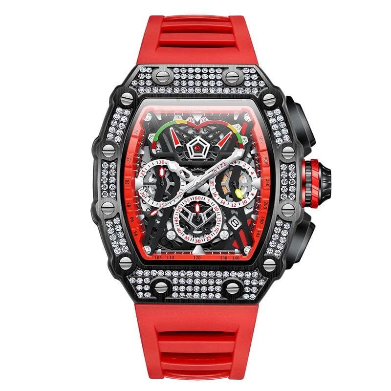 Fashion Iced Watch For Men Brand ONOLA Casual Silicone Strap Waterproof Quartz Watch Luxury Diamond Rose Wristwatch Man Gift red/black