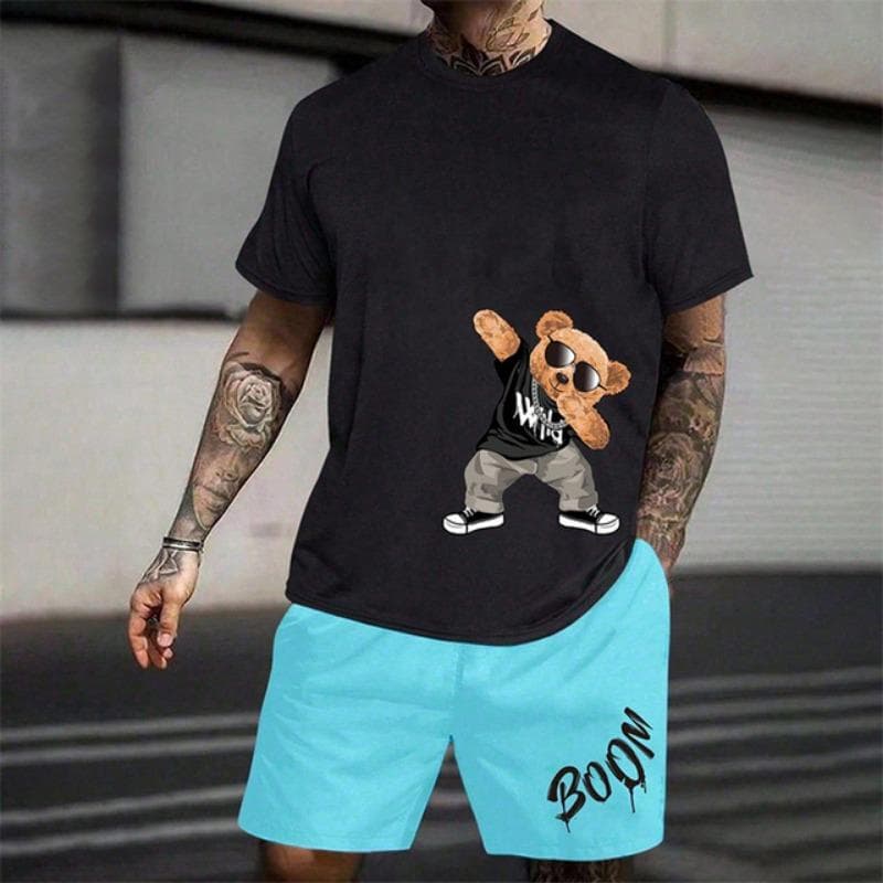 2025 Fun Bear Harajuku T-Shirt Men's Summer Loose Daily Couple Suit Outdoor Street Short Sleeve Shorts Two Piece Men Summer Suit 3XL