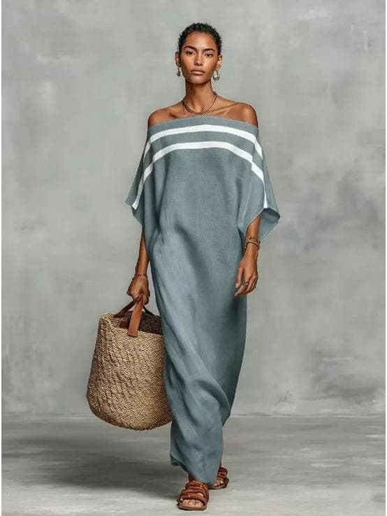 2026 Off-the-Shoulder Color Block Casual Long Dress for Vacations Small peacock blue
