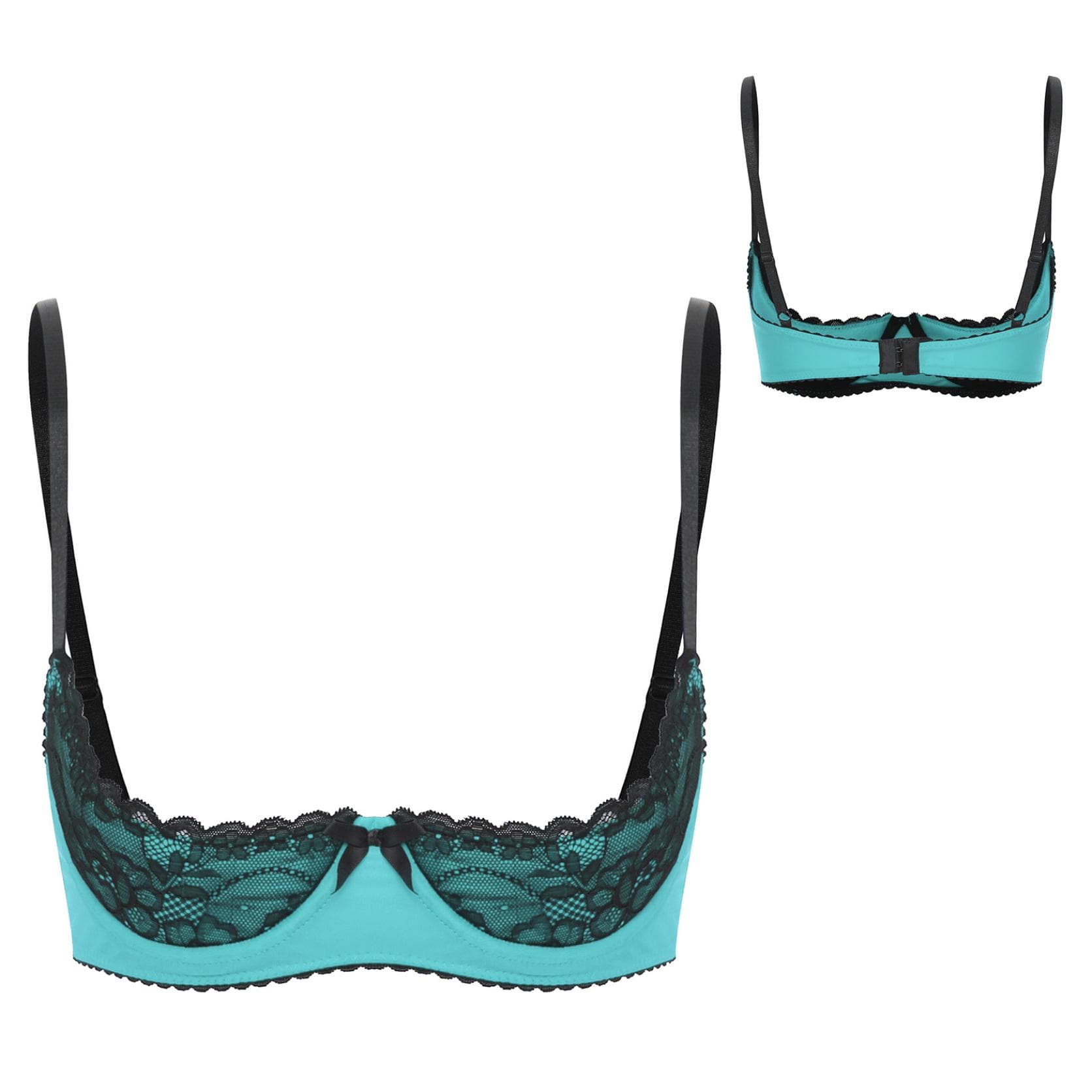 Women Plus Size Lace Trim Underwire 1/4 Cup Open Front Bra Top Push Up Shelf Balconette Brassiere Corset Underwear 4XL turquoise