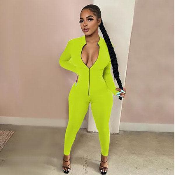 Workout Active Wear Solid Color Rompers Womens Jumpsuit Sporty Long Sleeve Fitness Clubwear Zipper Party Jumpsuits Bodycon M
