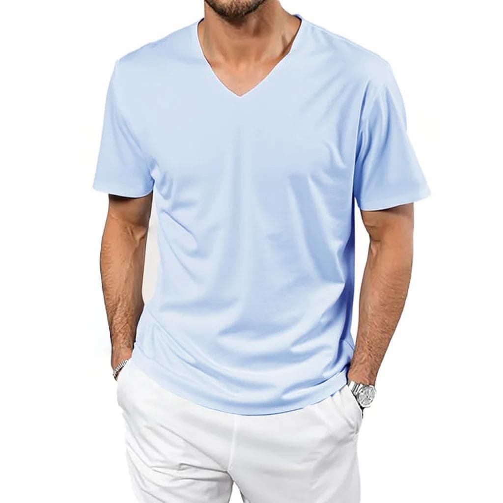 Summer New T-shirt for Men Ice Silk Cool Feeling V-neck T-shirt Quick Drying Lightweight V-neck Breathable Casual Tops XXL sky blue