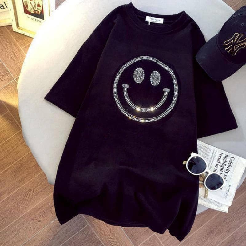 Smiling Face Heavy Industry Ironing Pure Cotton Short-sleeved T-shirt for Women In Spring and Summer New Large Size Versatile Loose Half-sleeved Top XXXL