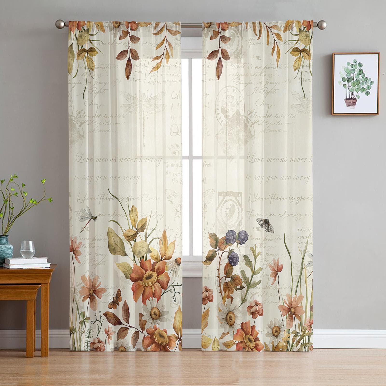 Flowers Butterflies Dragonflies Leaves Voile Sheer Curtains Living Room Window Tulle Curtain Kitchen Bedroom Drapes Home Decor 135W x 114H(cm)