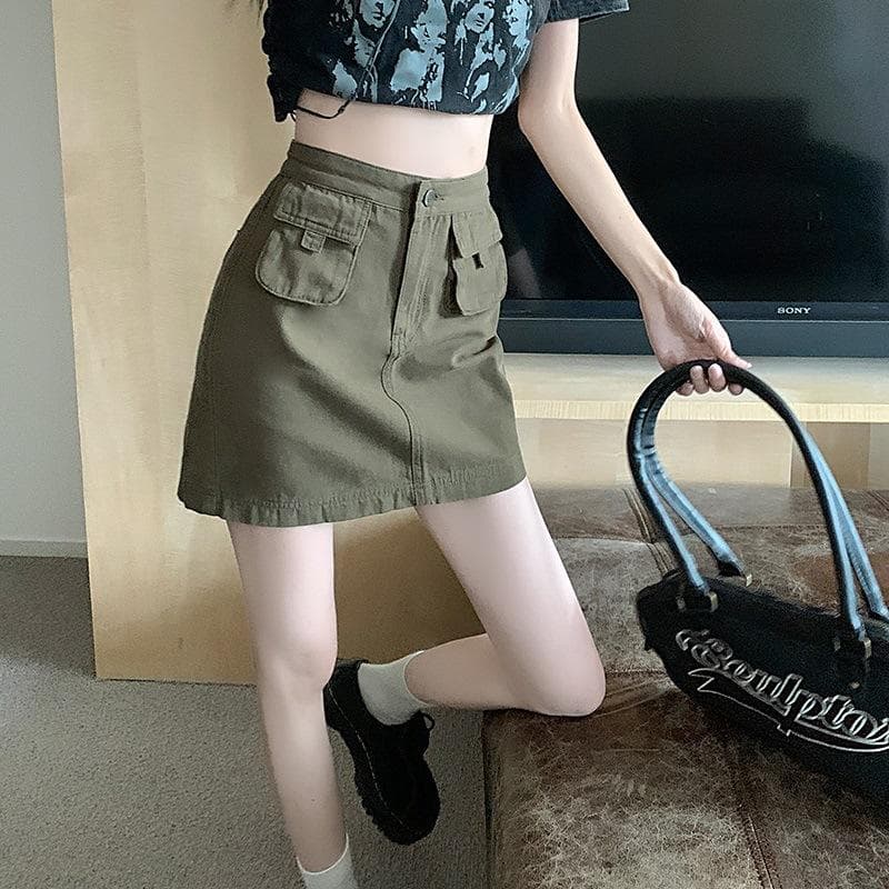 Summer Pocket Zipper Culottes Women's Sexy High Waist Hip Skirt A Word Short Skirt XL army green