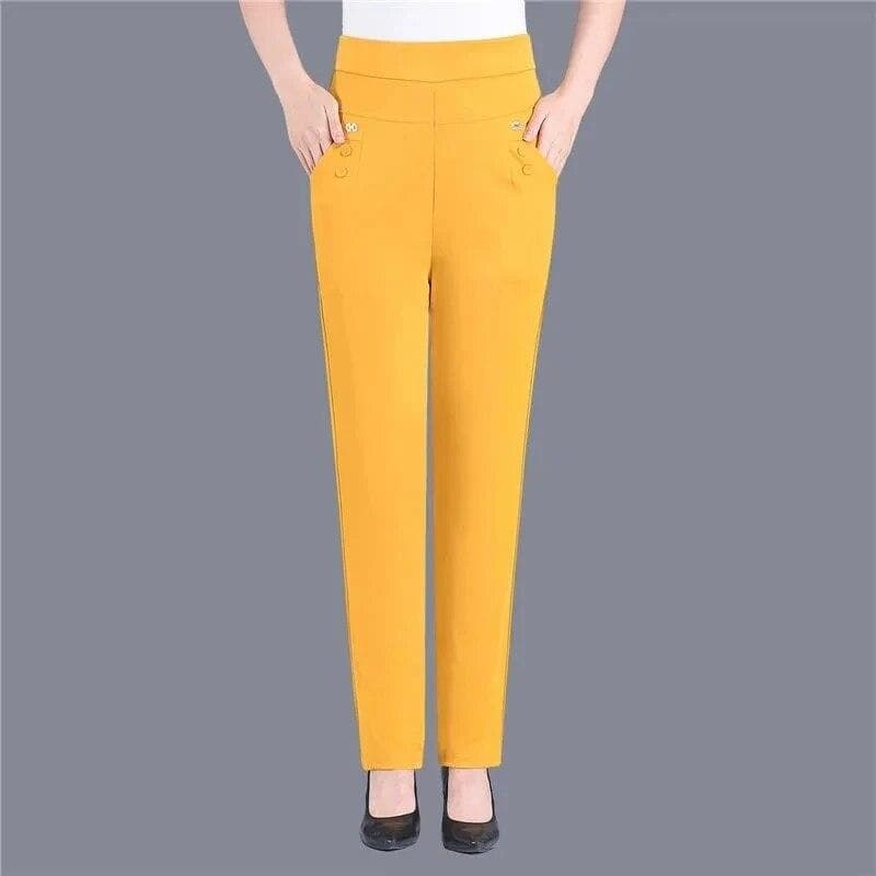Women Thin Candy Colors Stretch Classic Pants Straight Trousers Mother Casual High Waist Pantalones Slim Ankle-Length Pants XXXL yellow