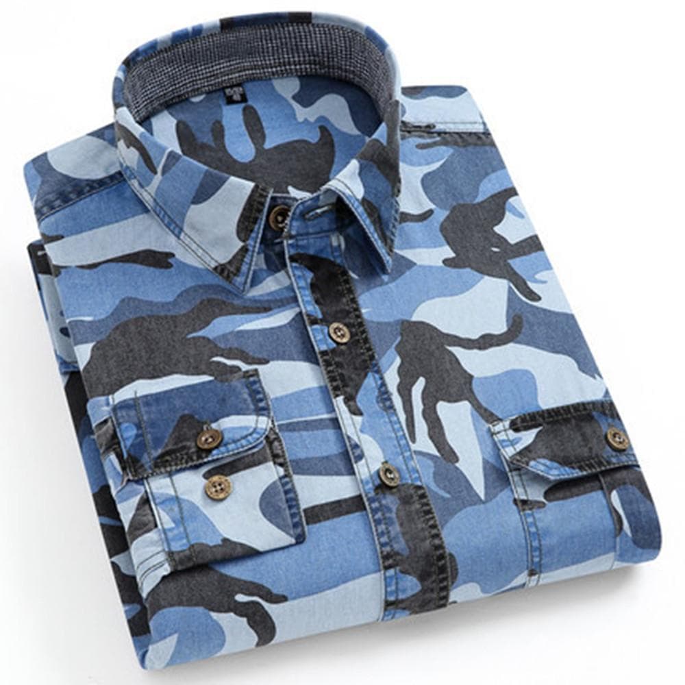 Men's Cotton Camouflage Cargo Shirts High Quality Outdoor Hiking Sports Long Sleeve Casual Shirts Men 39 camouflage/sea blue