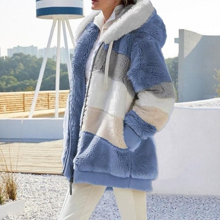 Europe United States 2024 Autumn Winter Warm Plush Zipper Pocket Hooded Loose Jacket Women 2XL blue