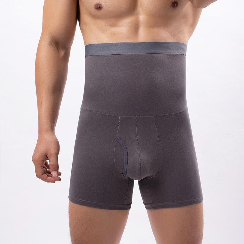 Four Seasons High Waist Men's Cotton Boxer Shorts - Breathable Abdomen and Hip Support L gray