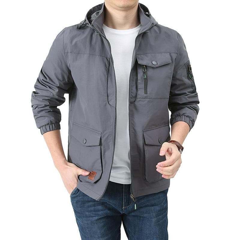Men's Loose Plus Size Multi-pocket Jacket Spring and Autumn Thin Windproof Detachable Cap Jacket XXXXXL grey