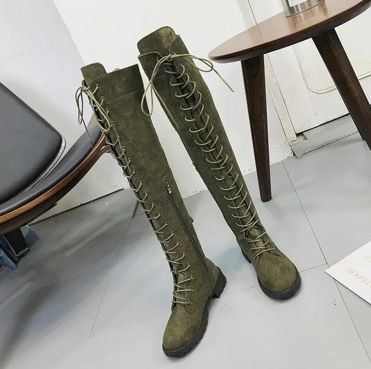 Sexy Thigh High Boots Women Western Over-the-knee Boots Rome Lace-up Low Heel Autumn Winter Boots Women Boots Shoes Plus Size 34 green