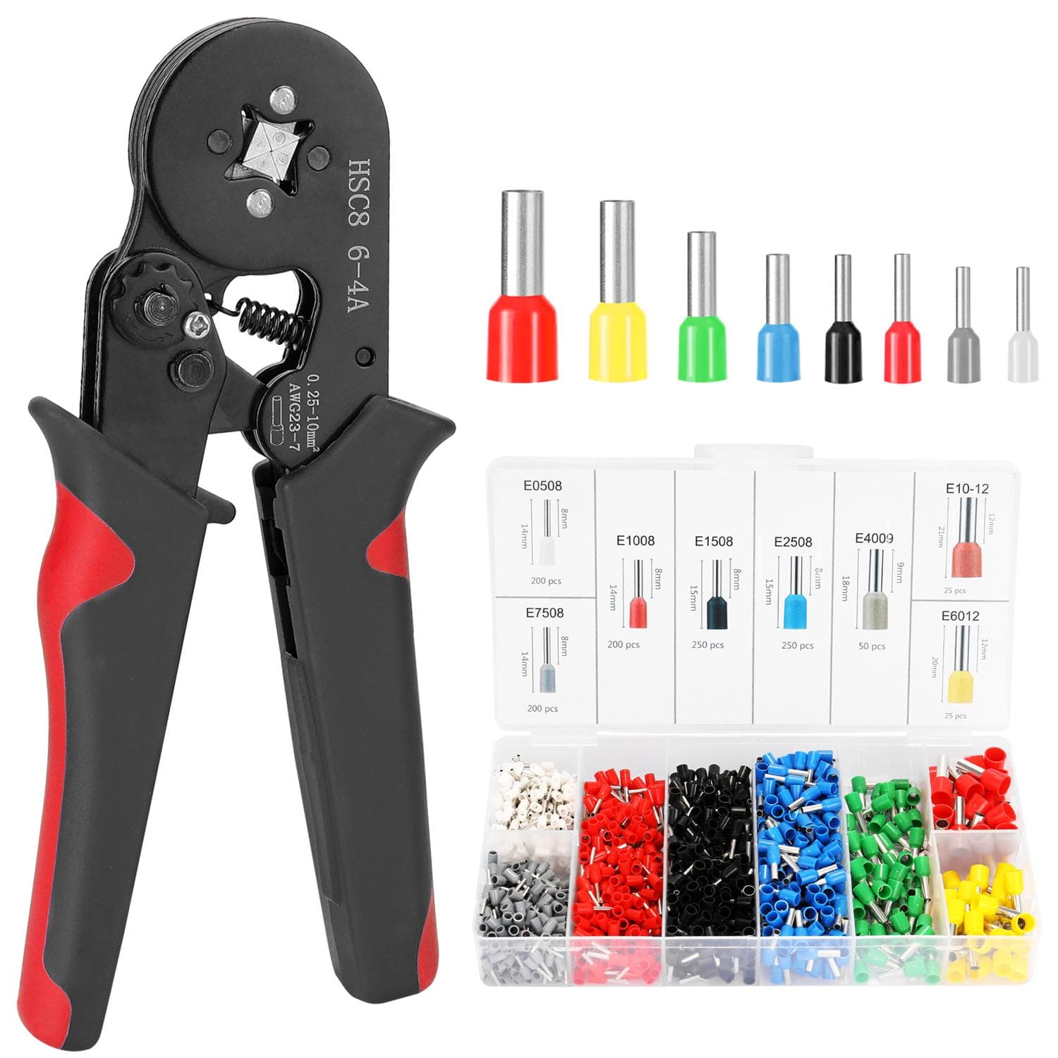 HSC8 6-4 0.25-10msquare meters AWG23-7 Ferrule Crimping Tool Kit High Hardness Crimper Plier with 1200pcs Wire black