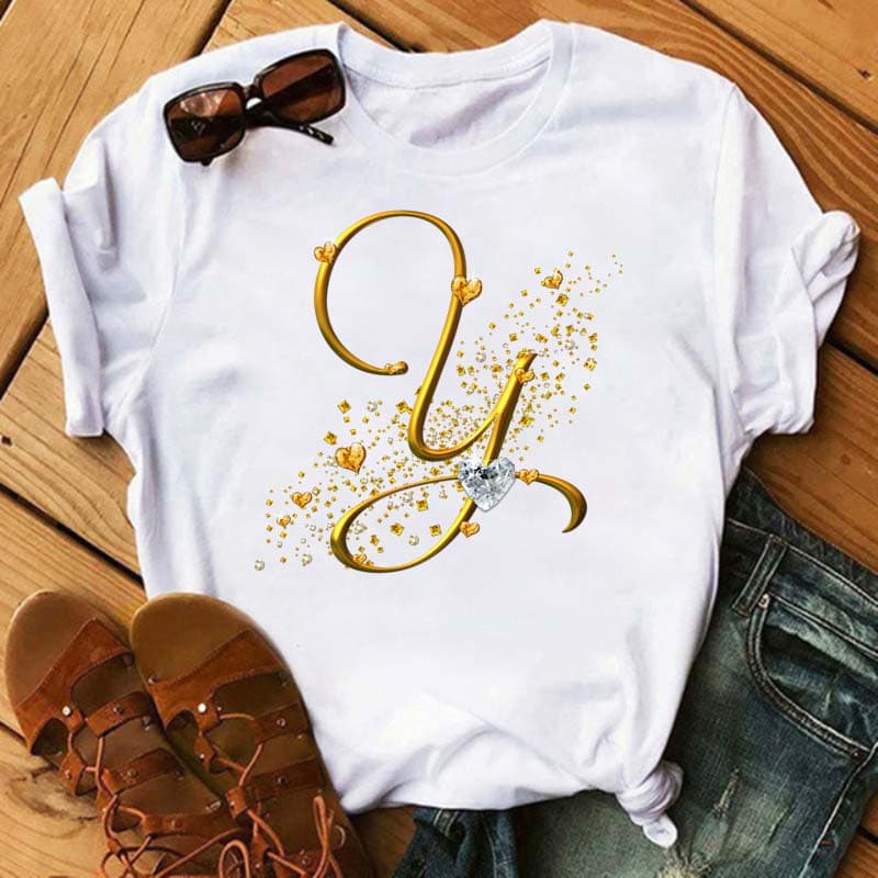 Custom Name Letter 3D Printe Women T-shirt Diamond Gold Letter Font A B C D E F G Black T-shirt 5XL