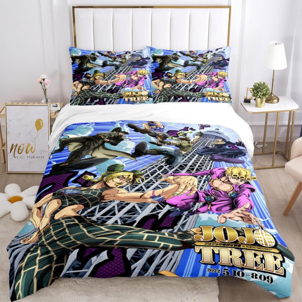 JOJO Anime Print Three Piece Bedding Set Fashion Article Boys Or Adults For Beds Quilt Covers Pillowcases Bedding Set Gift EU single(135x200cm)