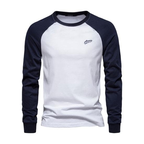 Men Raglan Long Sleeve T-shirt O-Neck Patchwork Color Pullover Tops Loose Fit Elastic Cuffs Breathable Casual Tops L white