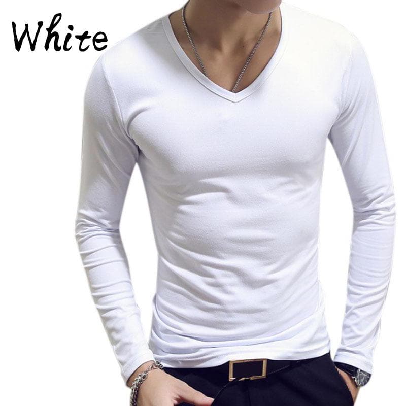 Elastic Mens T-Shirt V-Neck Long Sleeve Men T Shirt For Male Cotton T-Shirts Man Clothing TShirt Top Tees 3XL white