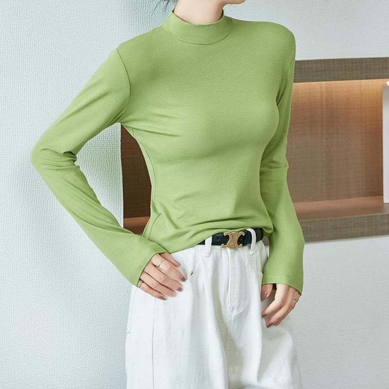 Semi-turtleneck Bottoming Shirt Women's Spring New Inner Slim-fit Protein Long-sleeved T-shirt Slim Versatile Top XL green