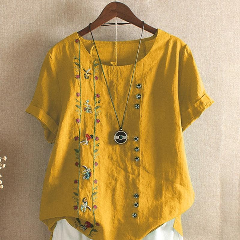 Summer Female Cotton Linen Shirts Short Sleeve Vintage Floral Embroidery Long Loose Women's Blouse Casual Lady Top S-5XL M yellow