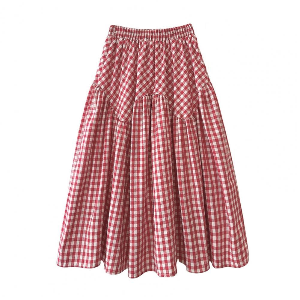 Women Midi Skirt Plaid Print Stitching Design A-Line Skirt Elastic High Waist Retro Style Swing Skirt Daily Wear One Size red