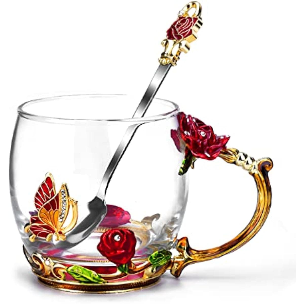 Gifts for Mom Women Mothers Day Glass Coffee Enamels Mug Best Birthday Butterfly Rose Gifts for Her from Daughter Son Lead-Free Valentines Day red