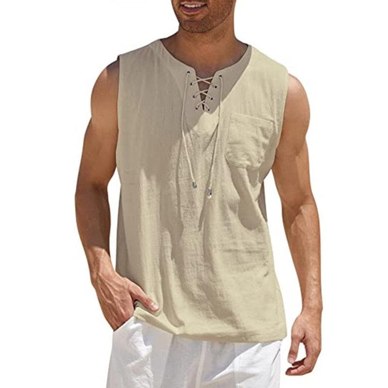 Men Loose Waistcoat Tank Top Vest Lace-up V Neck Sleeveless Pullover Casual Streetwear M khaki